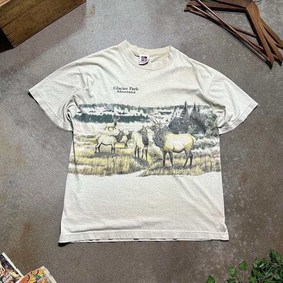 Vintage 90s Art Unlimited Elk Nature Animal Print AOP Tee Mens XL Tan Shirt - Picture 1 of 5